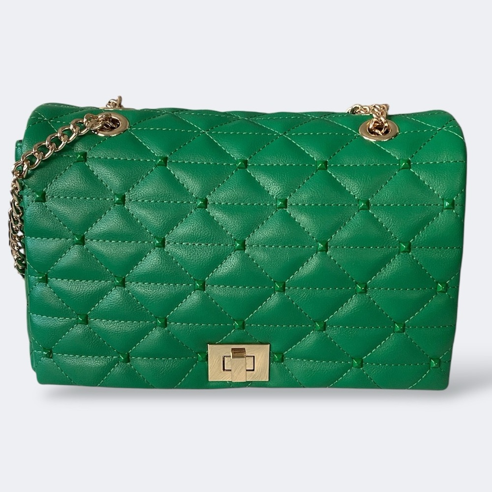 INC Green Quilted & Studded Shoulder Crossbody Bag with Gold Turn-Lock Chain
